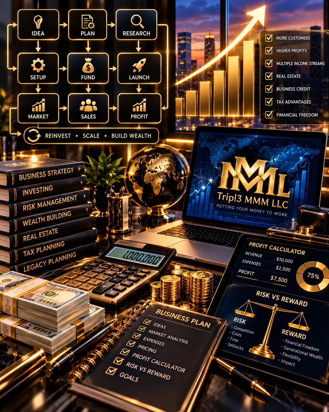 The Tripl3 MMM business blueprint: idea, plan, research, setup, fund, launch, market, sales and profit, with books on business strategy, investing, wealth building and legacy planning