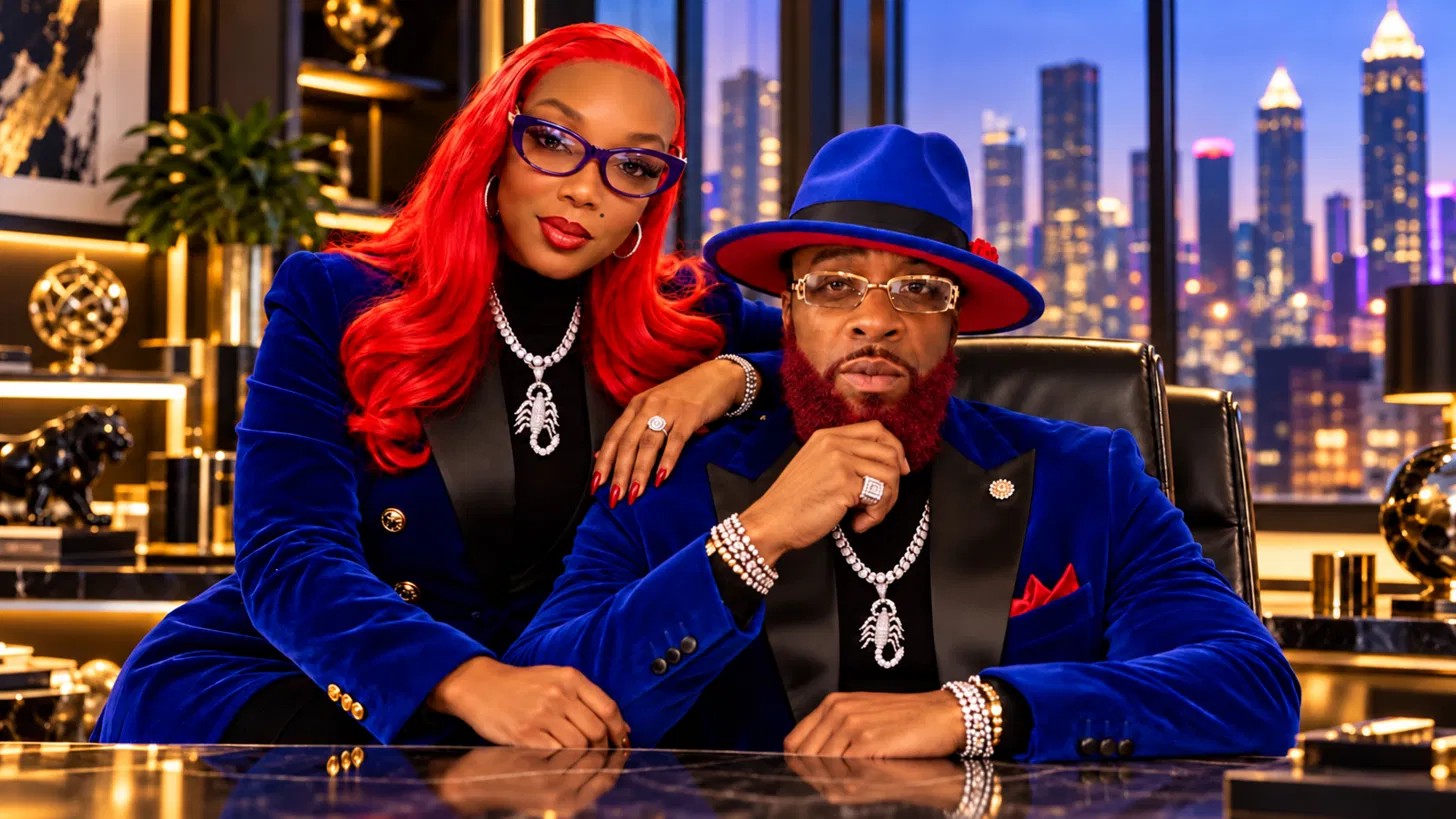 Kadie-Ann Bryan and Zakunda-ze Handberry, co-founders of Tripl3 MMM LLC, at their desk with the city skyline behind them