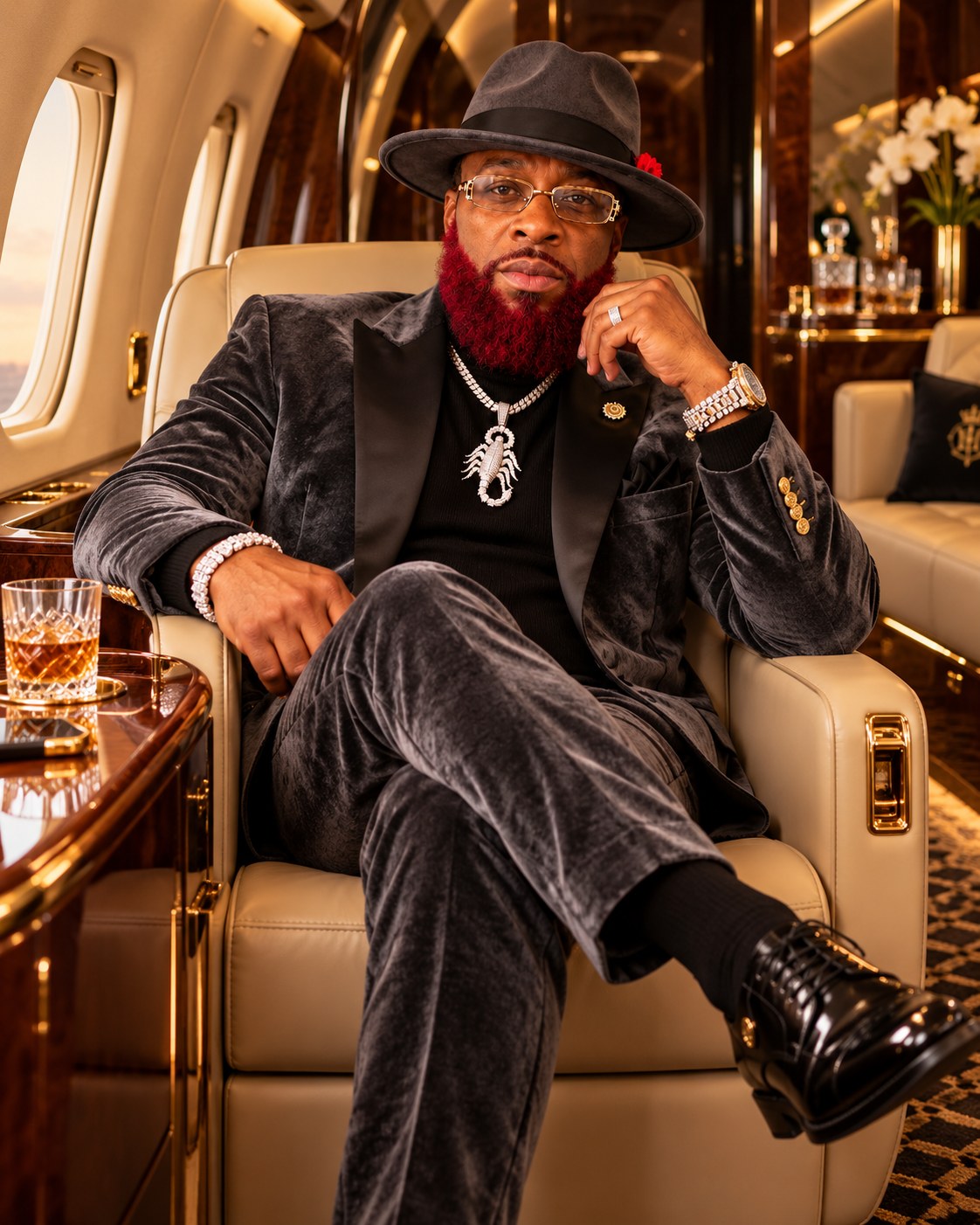 Zakunda-ze Handberry seated in a private jet in a charcoal velvet suit and hat