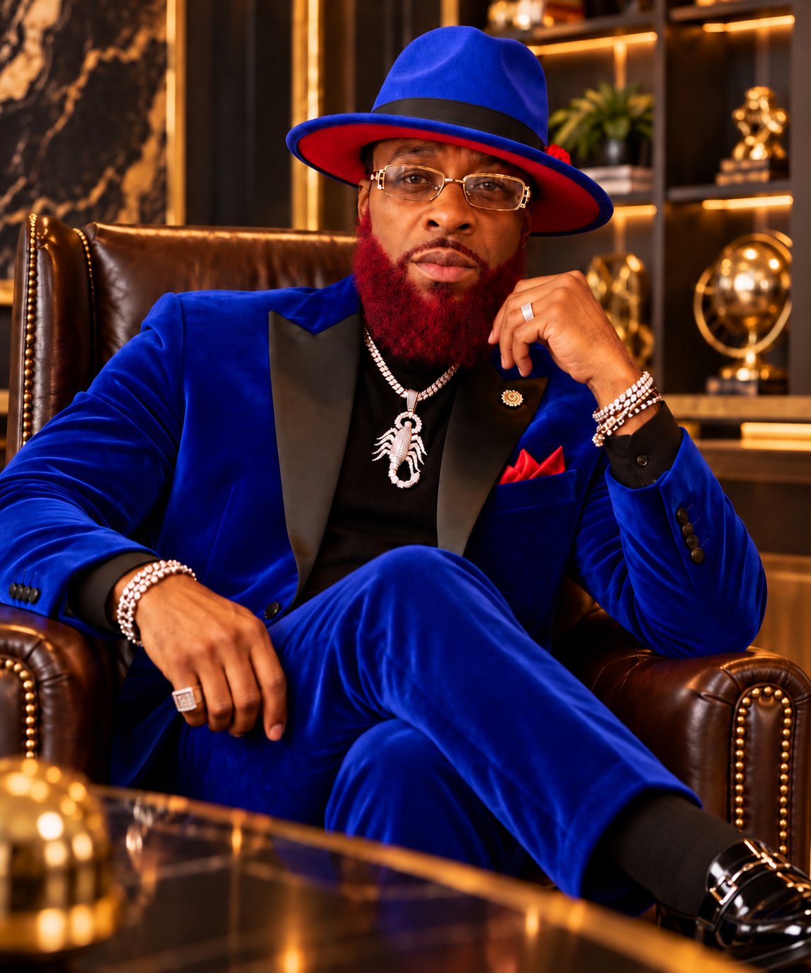 Zakunda-ze Handberry seated in a leather armchair in a royal blue velvet suit