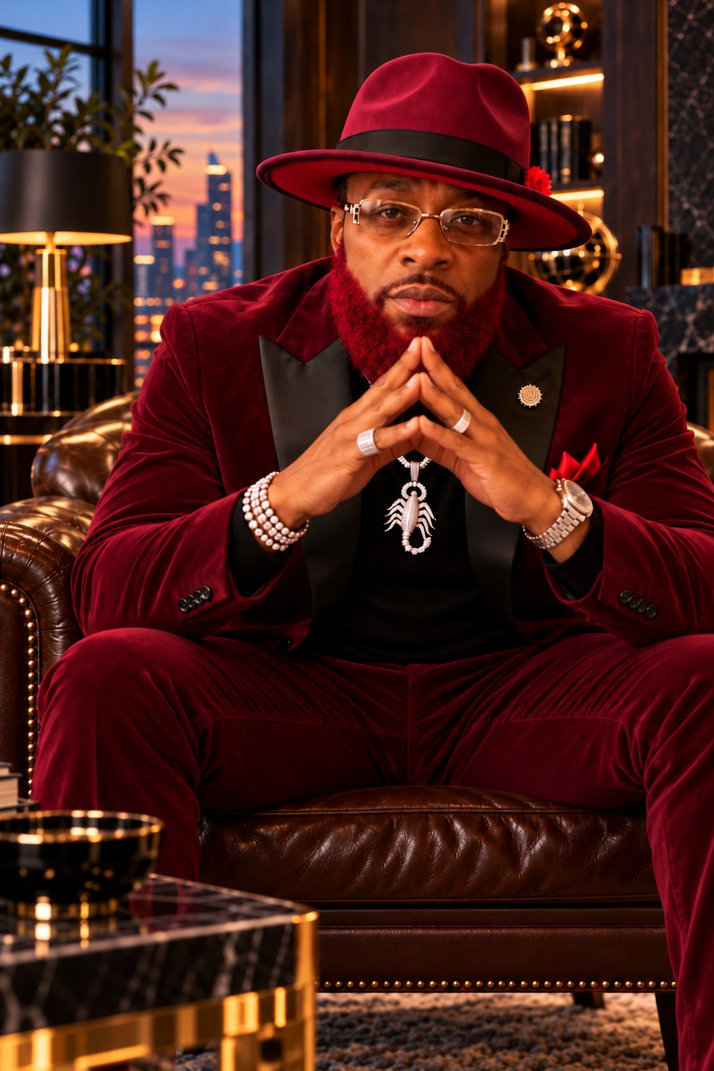 Zakunda-ze Handberry seated in a leather chair in a burgundy velvet suit and hat, hands steepled