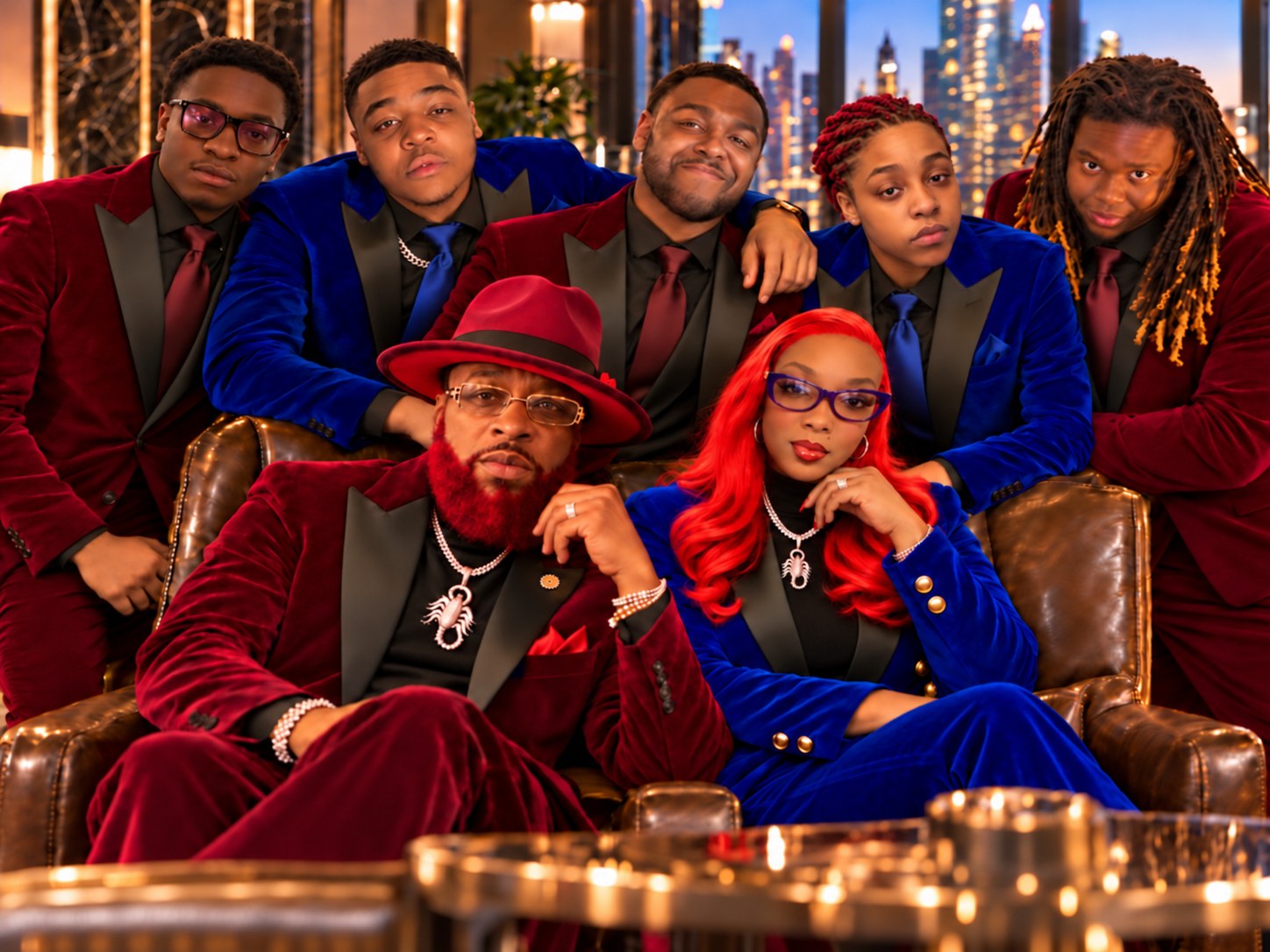 Zakunda-ze Handberry and Kadie-Ann Bryan seated together in a leather lounge, surrounded by their five children in burgundy and royal blue velvet suits, with the city skyline at night behind them