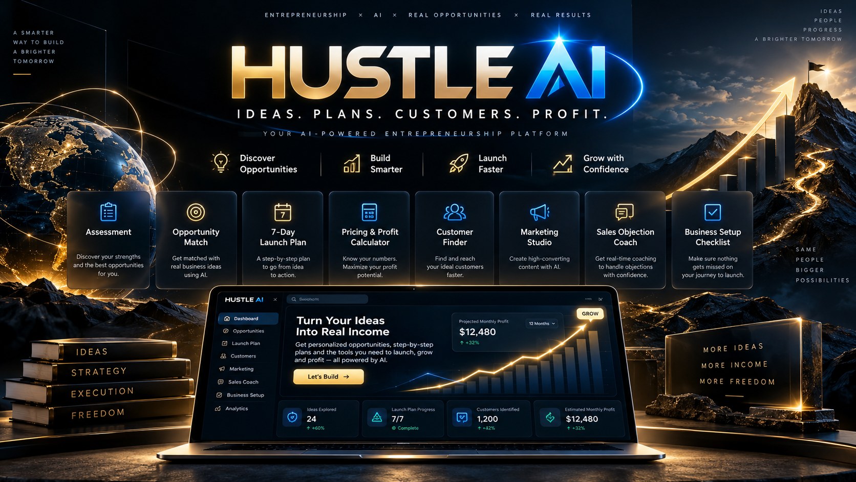 Hustle AI — Ideas. Plans. Customers. Profit. Your AI-powered entrepreneurship platform: Assessment, Opportunity Match, 7-Day Launch Plan, Pricing & Profit Calculator, Customer Finder, Marketing Studio, Sales Objection Coach and Business Setup Checklist