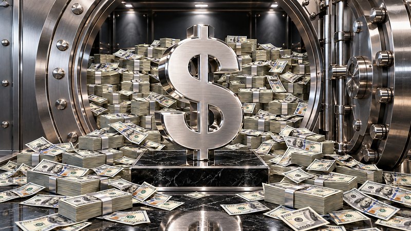 A platinum dollar sign in front of an open bank vault filled with stacks of cash